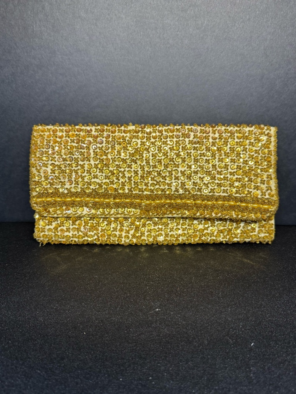 Vintage Gold Beaded & Sequin Evening Clutch Purse Formal Wedding Cocktail Bag